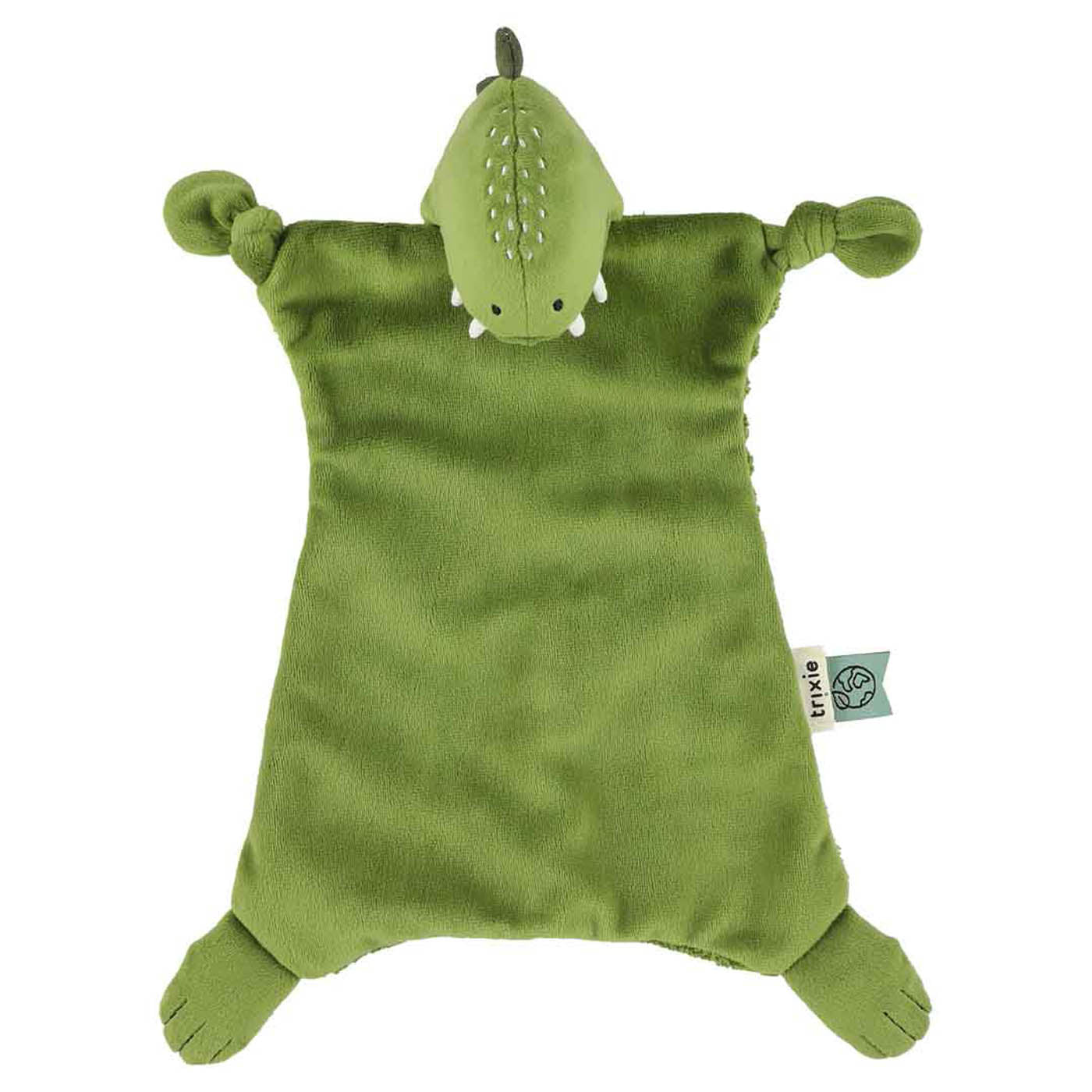 Doudou Mr. Dino Trixie vert vu de face avec nœuds pour attacher la tétine