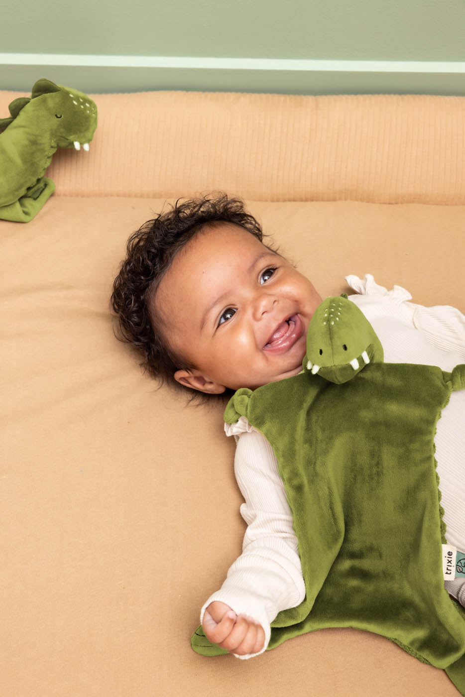 Bébé avec le doudou Mr. Dino Trixie vert