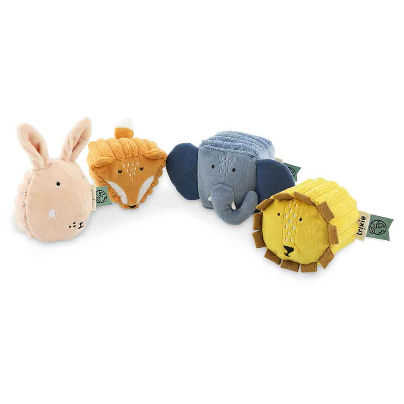 Blocs sensoriels Trixie représentant quatre animaux : Mrs. Rabbit, Mr. Fox, Mrs. Elephant et Mr. Lion