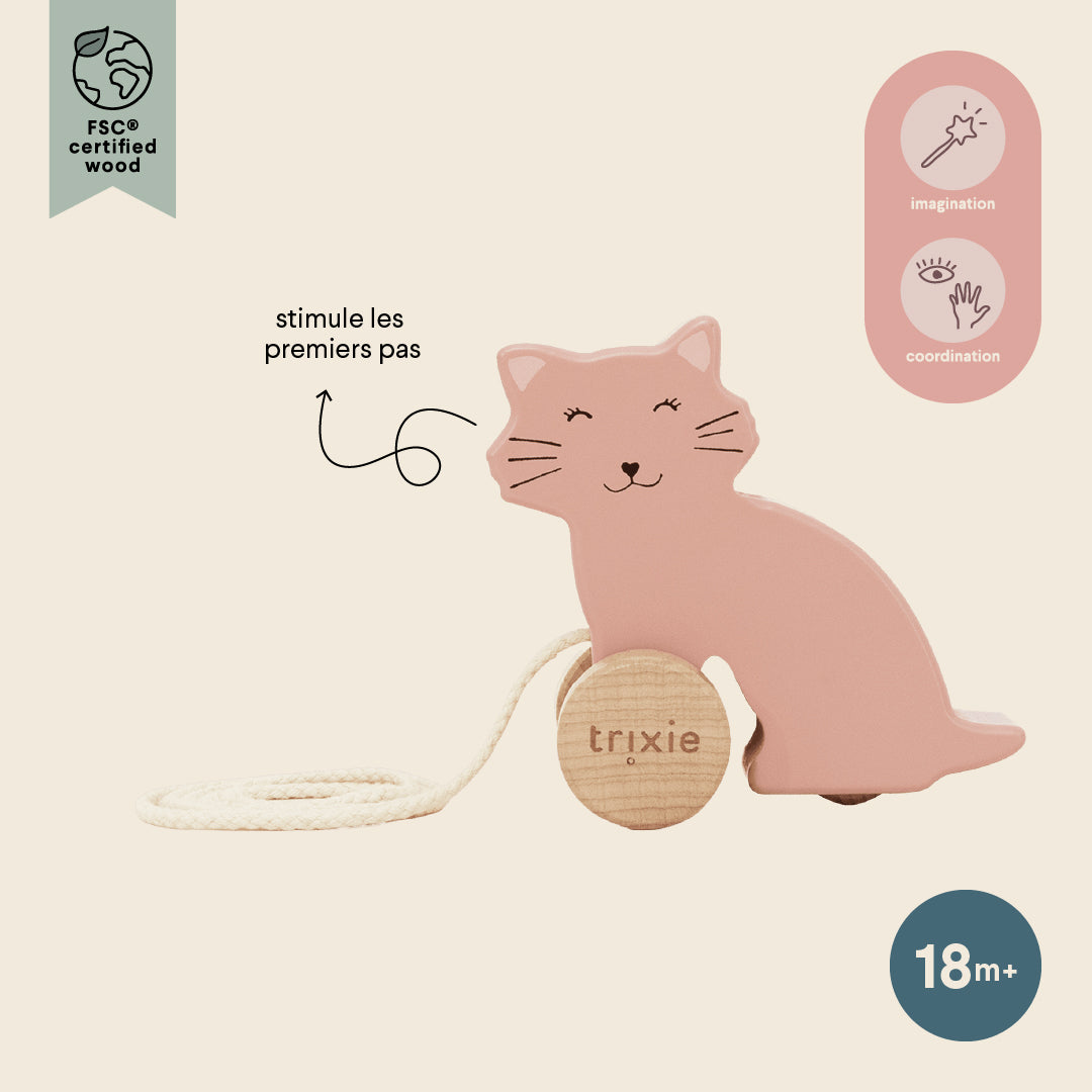 Infographie française du petit jouet à tirer Mrs. Cat Trixie